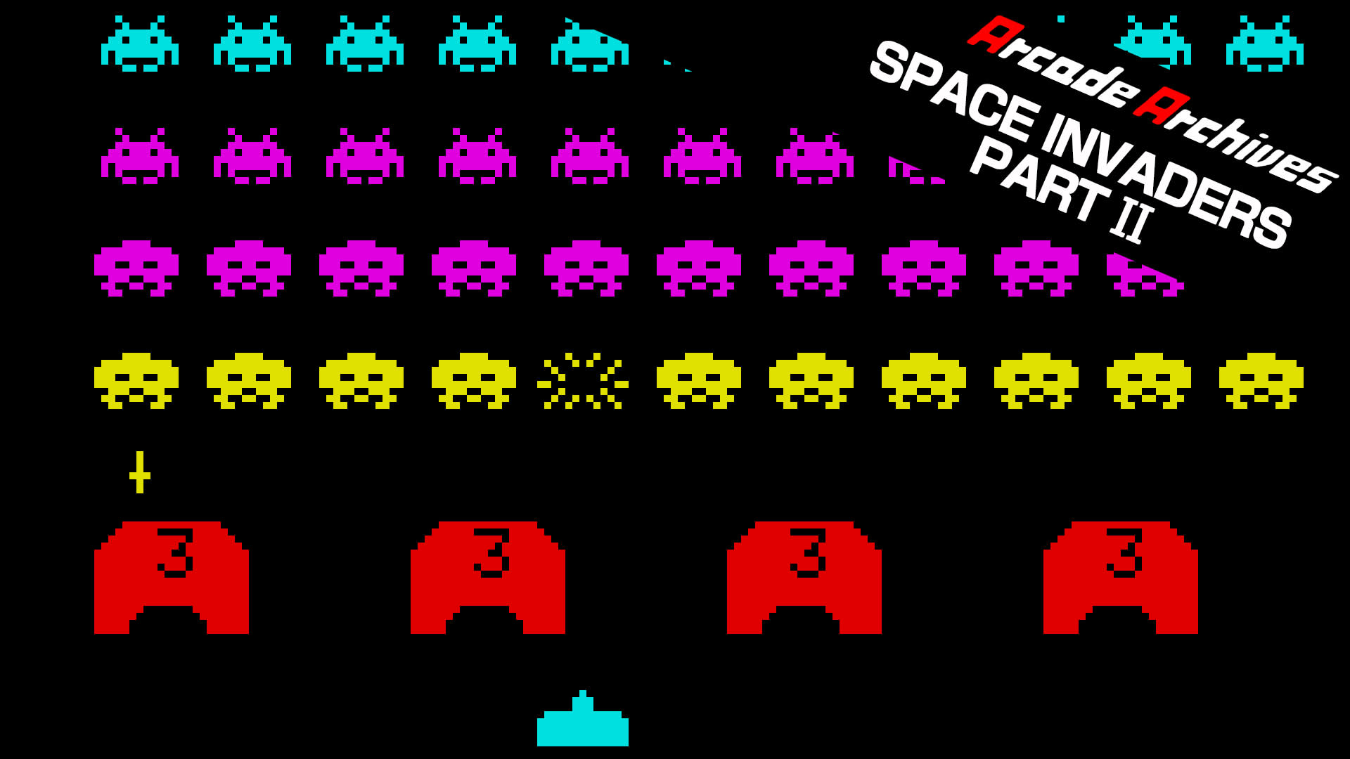 Space Invaders Part II screenshot showing colorful formations, player cannons and a bonus UFO