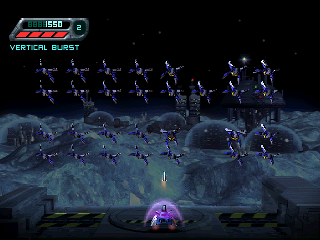1999 Space Invaders remake screenshot with polygonal alien rows, explosions and a player ship in the foreground