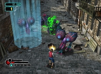 Space Raiders screenshot showing a human character firing up at rows of large alien creatures in a city