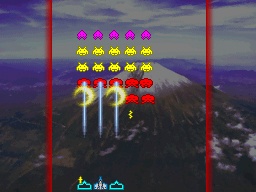 Space Invaders Revolution native Nintendo DS screenshot with a colorful formation and mission interface