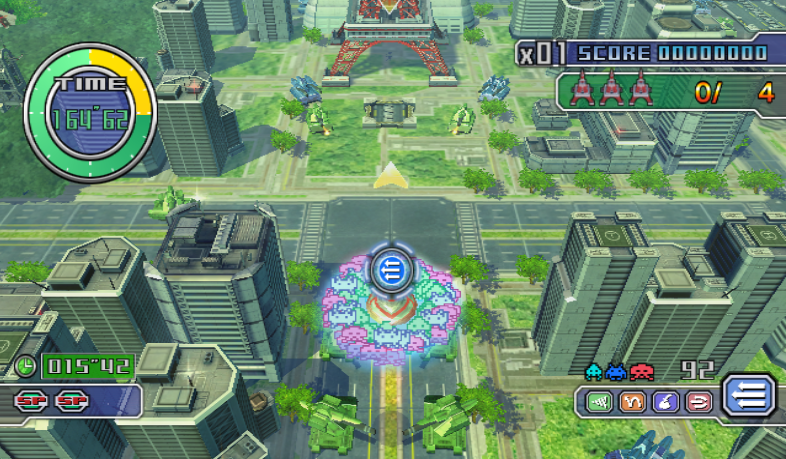 Space Invaders Get Even screenshot showing a UFO and a swarm of tiny invaders attacking a city