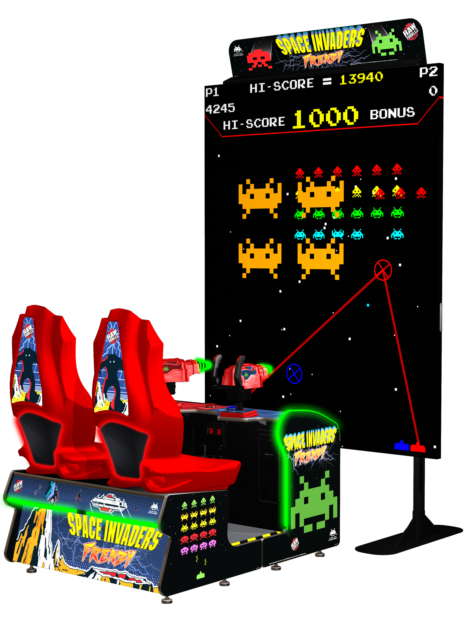 Space Invaders Frenzy arcade cabinet with two mounted light guns and a tall LED game display